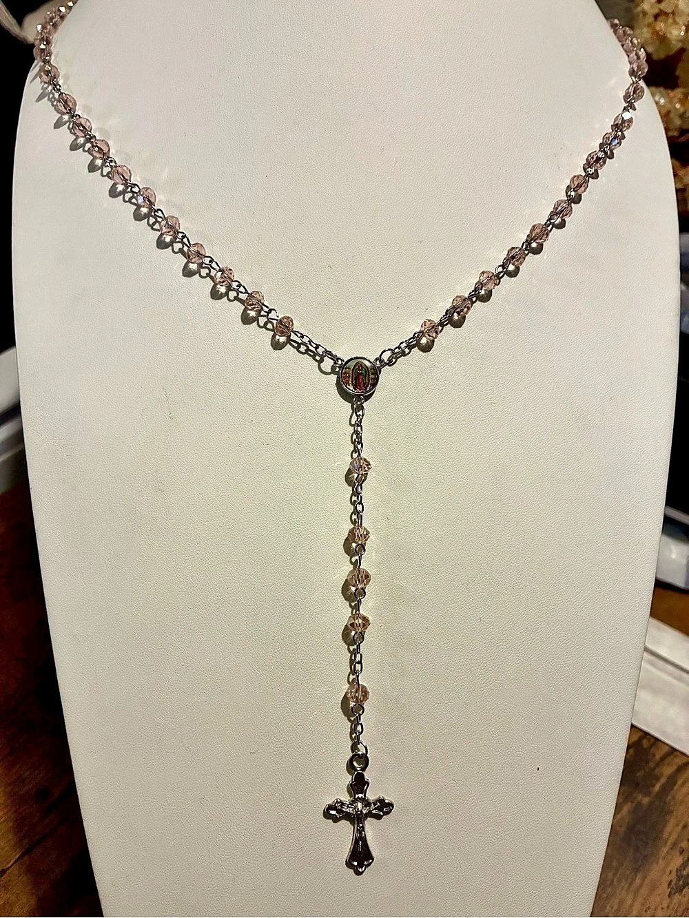 Religious Rosary Cross Pendant Necklace in Silver & Pink Crystal Beads